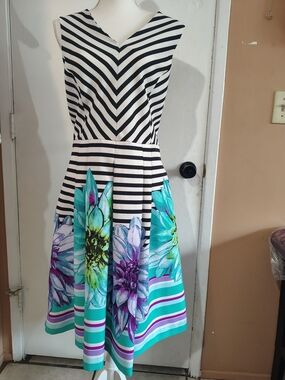 Shelby & PalmerBlack & White Stripe Floral Fit-and-Flare Dress Size 16